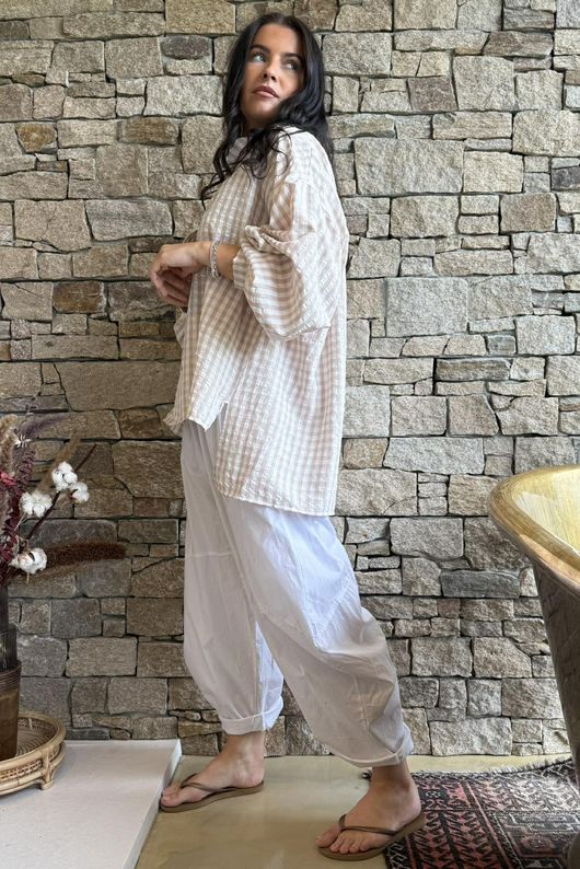 Ginny Gingham Balloon Sleeve Blouse Latte